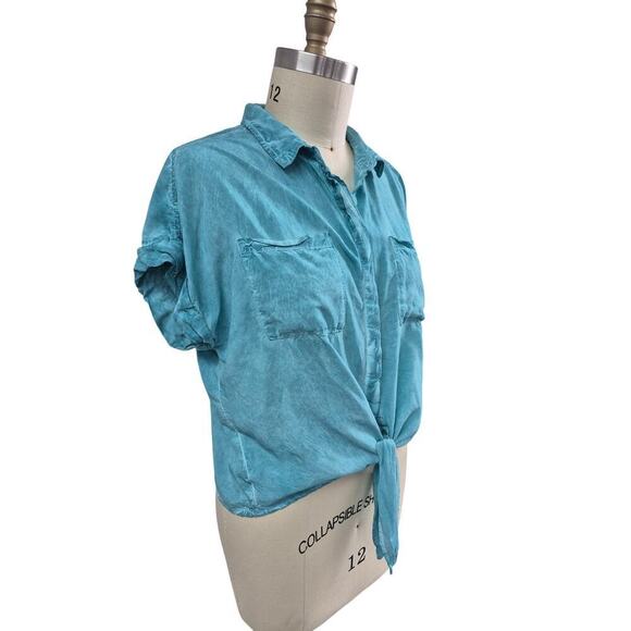 Velvet Heart Los Angeles Tie Waist Blouse Teal Green/Blue Rayon 2 Pockets Sz L - Picture 2 of 5